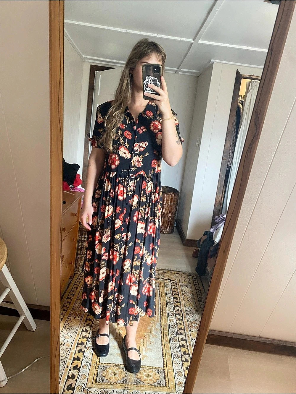 Zara Woman Floral Midi Dress in Black & Red Like New